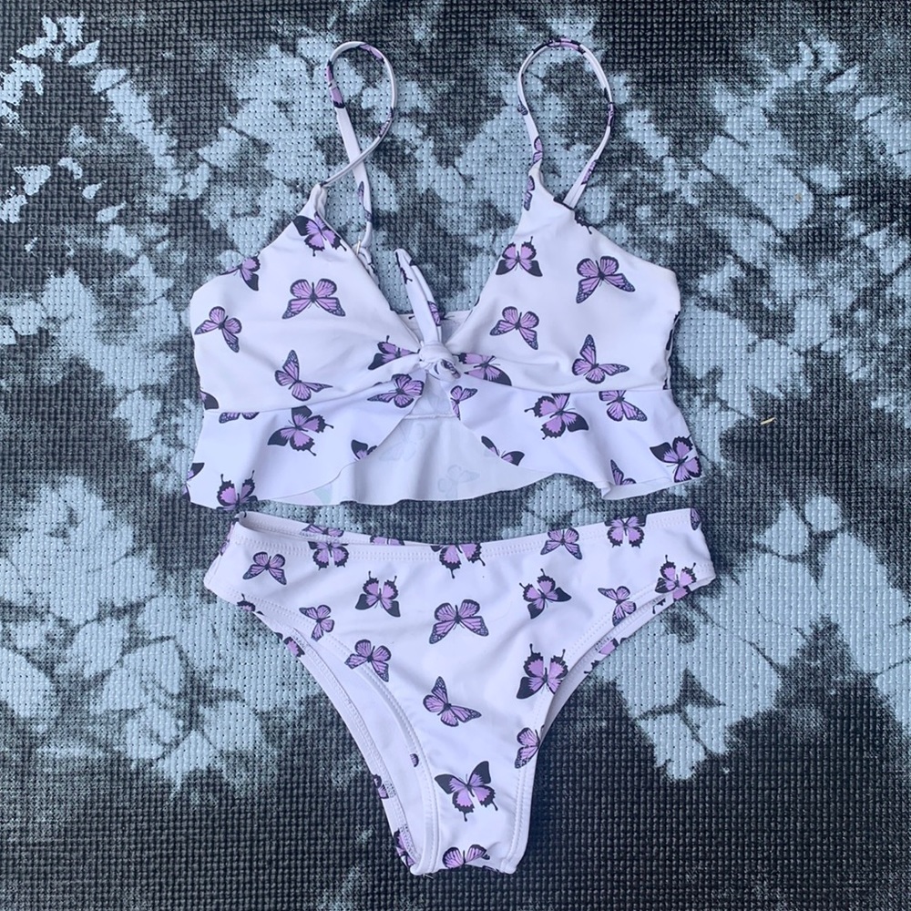 White and purple butterfly bikini